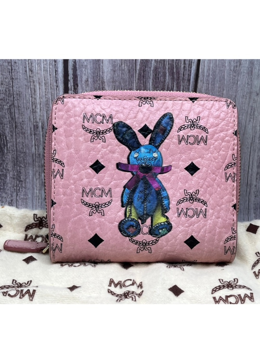 MCM Limited Edition Visetos Pink Monogram Bunny Rabbit Compact Wallet + Dust Bag